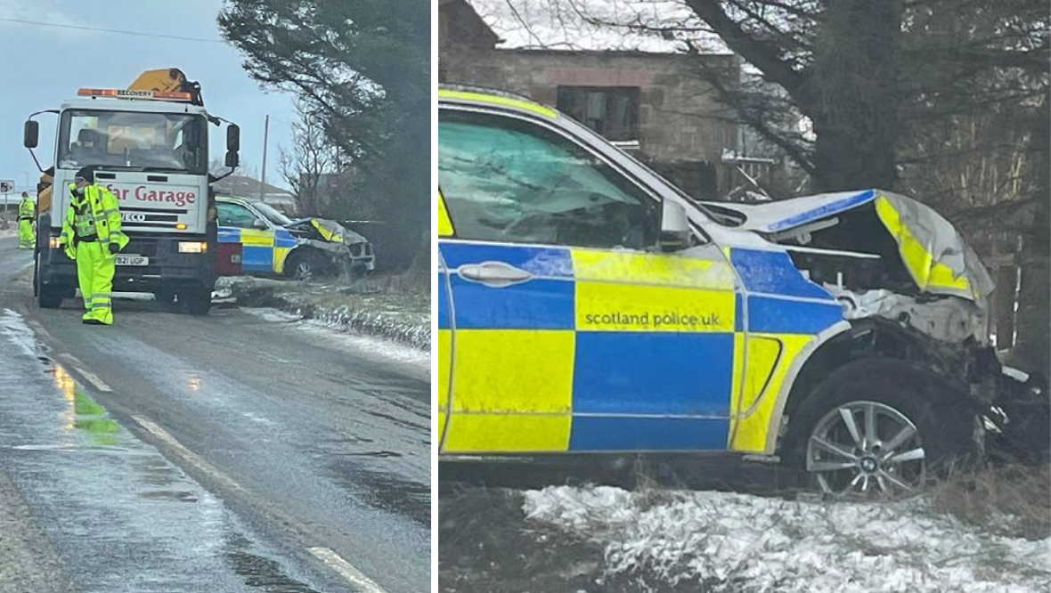 Police car crashed on A947 Fyvie, Aberdeenshire (Fubar News)