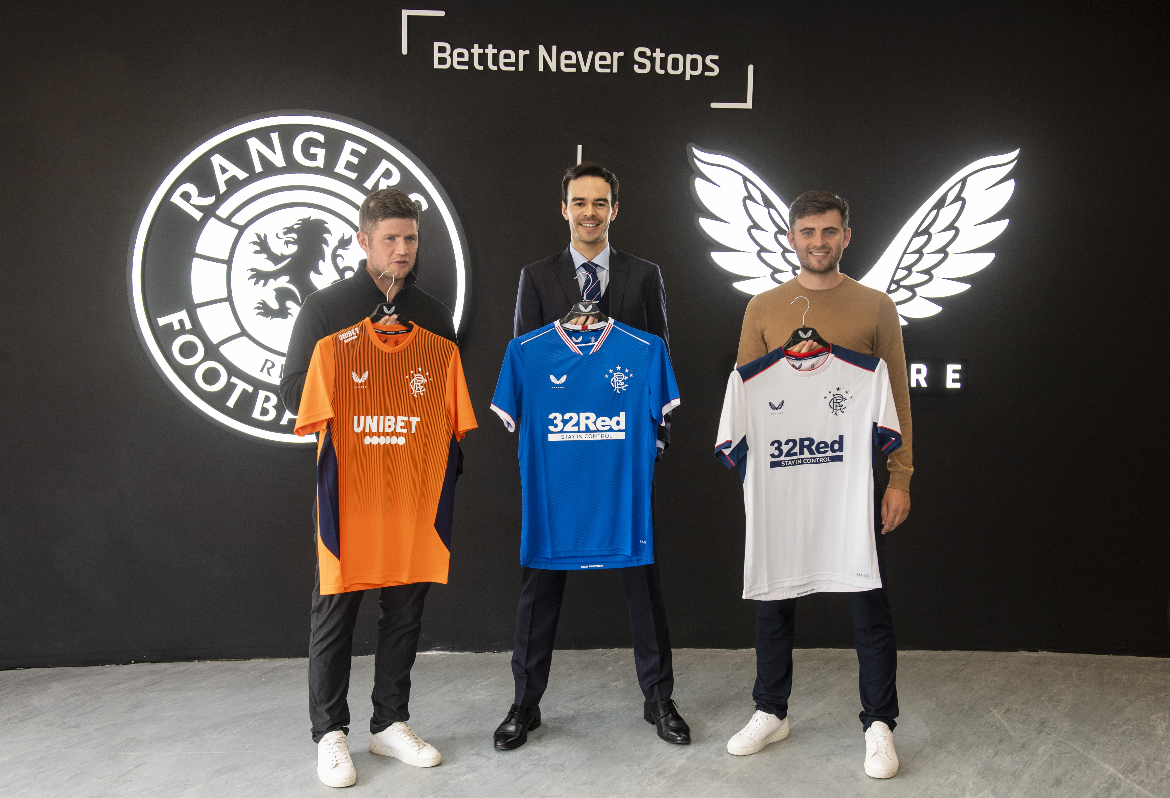  Castore co-founders Phil and Tom Beahon are with Rangers' commercial and marketing director James Bisgrove.