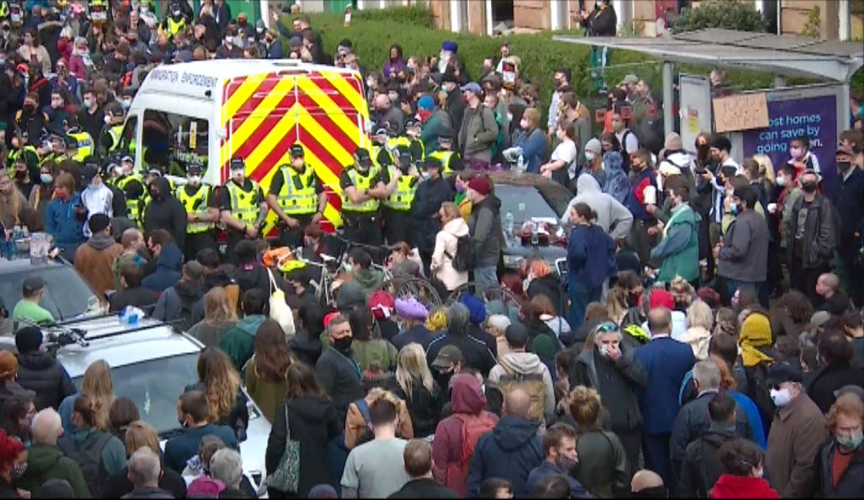 Large crowds gathered in protest after the men were detained (STV)