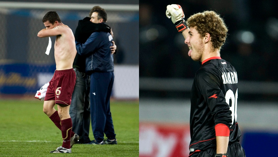 Debutant Georgia keeper Giorgi Makaridze and a dejected Barry Ferguson.