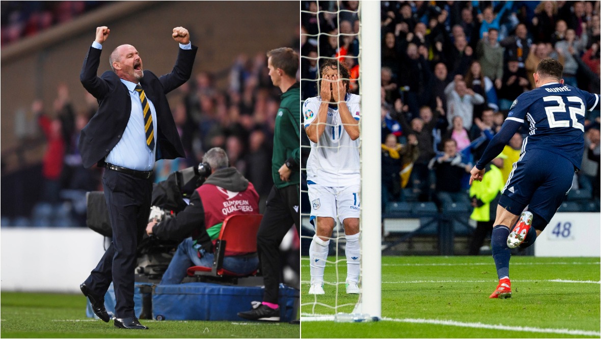 Steve Clarke celebrating Oli Burke's late winner against Cyprus.