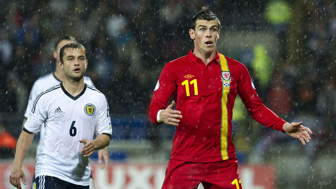 Shuan Maloney and Gareth Bale on a wintry night in Cardiff.
