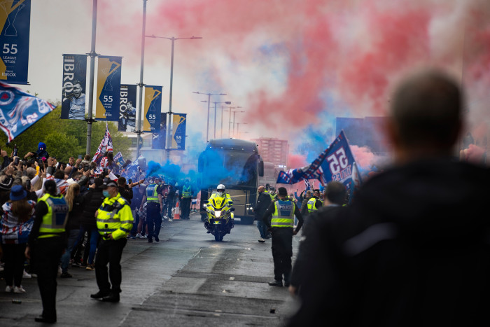 Rangers fans greet the team bus during the Scottish Premiership match between Rangers and Aberdeen  at Ibrox Stadium (Craig Williamson/SNS Group)