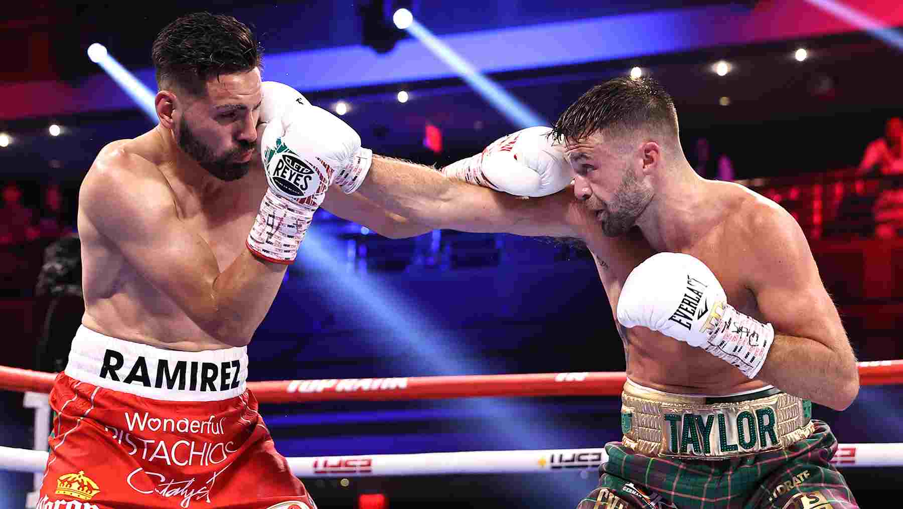 Jose Ramirez(L) and Josh Taylor(R) exchanged punches during their fight for the undisputed junior welterweight championship at Virgin Hotels Las Vegas on May 22, 2021.