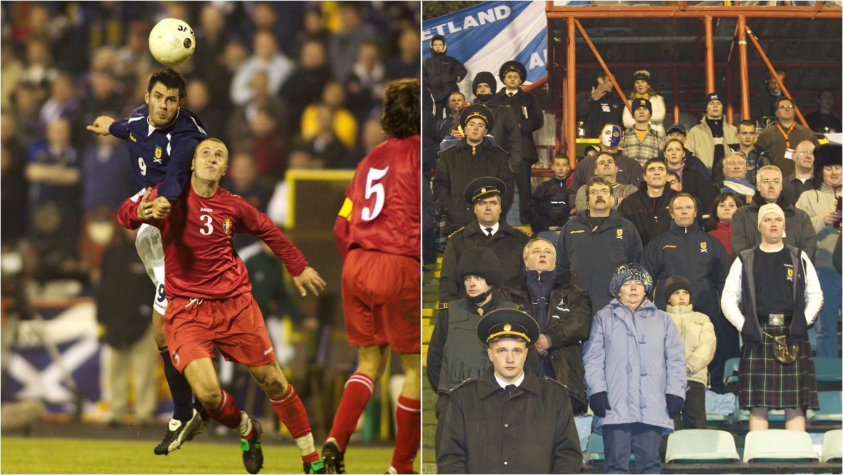 Berti Vogts watches Scotland toil in Moldova from the stand having received a touchline ban.