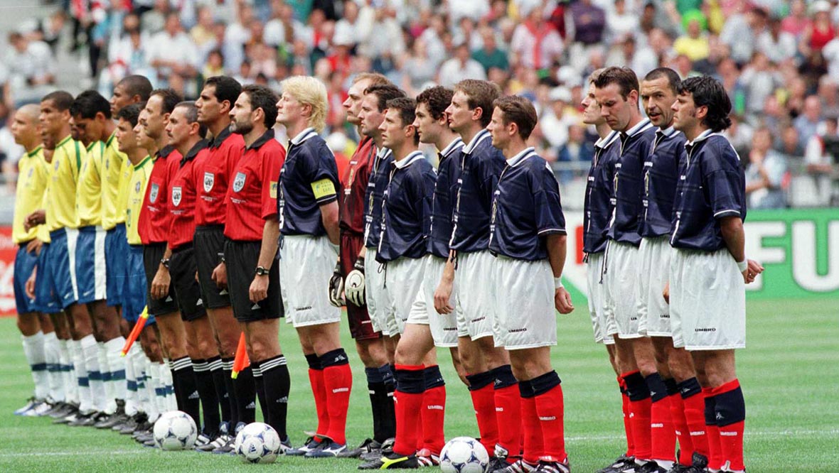 Scotland and Brazil line up before the opening game of the 1998 World Cup.