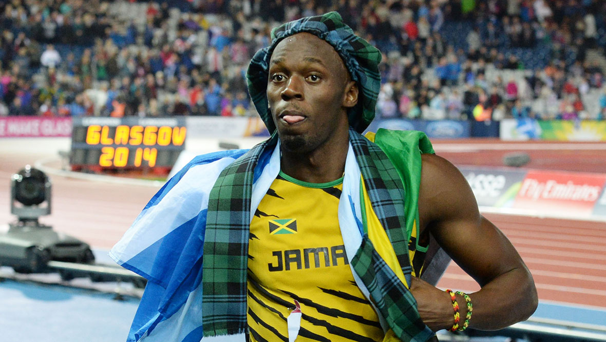 Jamaica's Usain Bolt celebrates with the crowd at the Commonwealth Games in Glasgow.