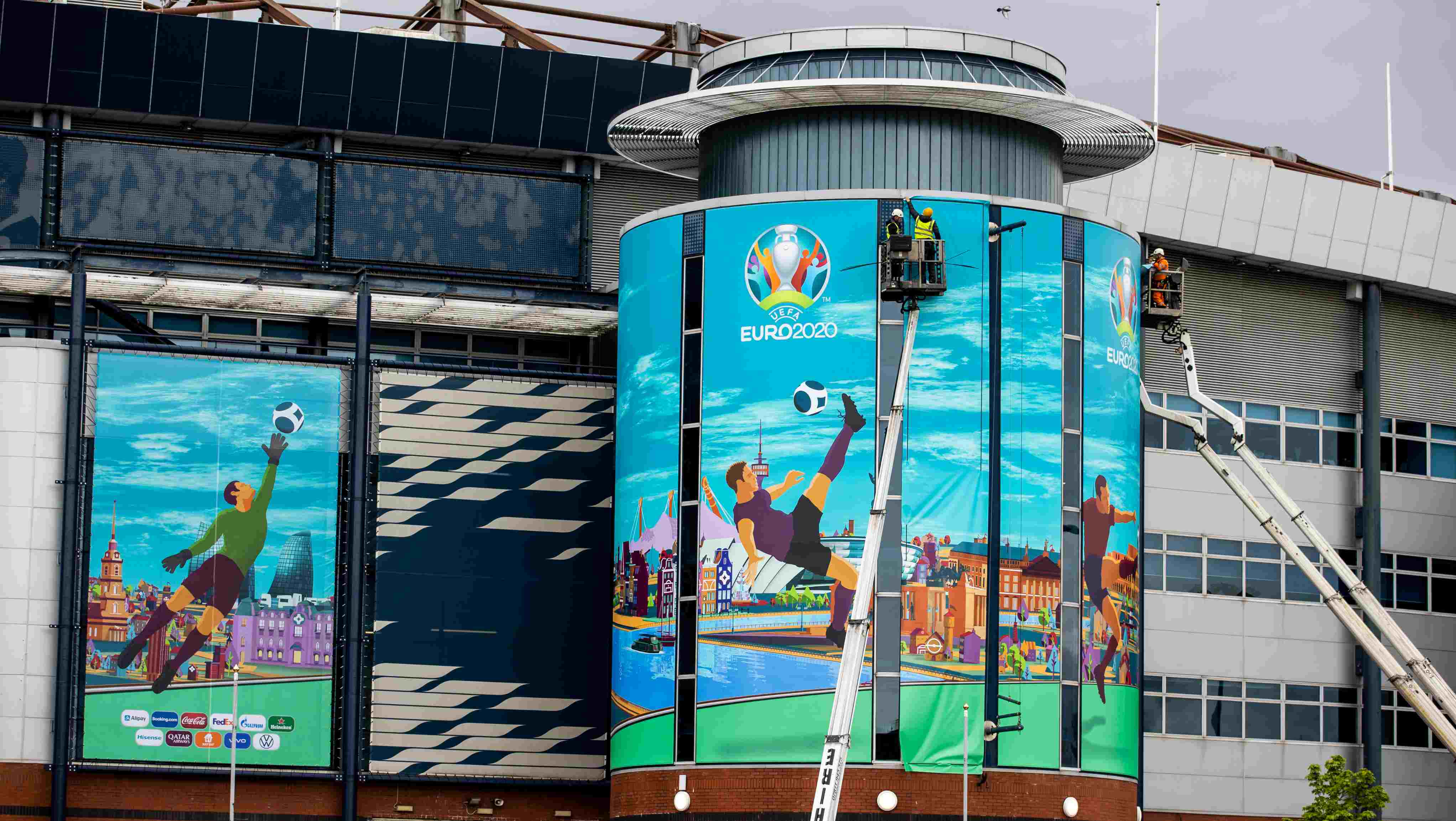 Euro 2020 branding is displayed outside of Hampden Stadium ahead of this summer's European Championships in Glasgow on May 26, 2021, in Glasgow, Scotland. (Photo by Craig Williamson / SNS Group)