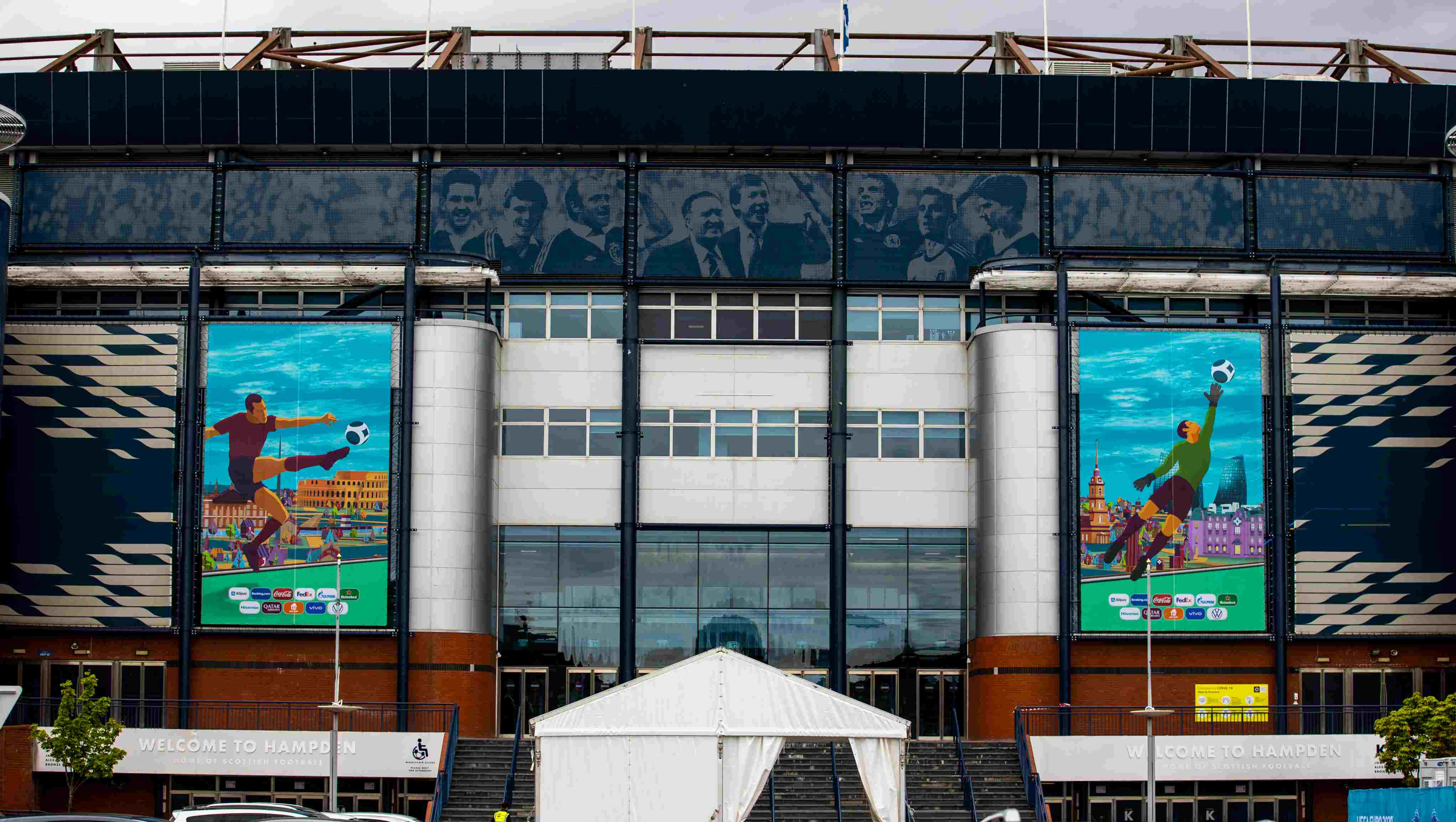 GEuro 2020 branding is displayed outside of Hampden Stadium ahead of this summer's European Championships in Glasgow on May 26, 2021, in Glasgow, Scotland. (Photo by Craig Williamson / SNS Group)