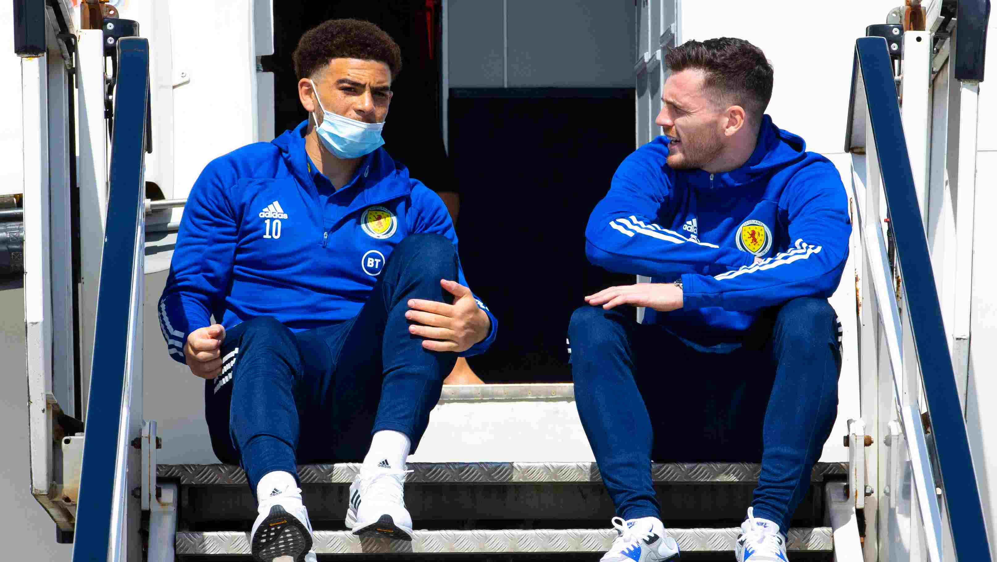 Scotland's Che Adams (L) and Andy Robertson are pictured as Scotland depart for Spain for a training camp ahead of EURO 2020 from Glasgow Airport, on May 27, 2021, in Glasgow, Scotland.  (Photo by Alan Harvey / SNS Group)