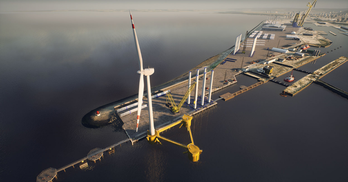 CGI image showing proposed outer berth at The Port of Leith with floating foundation and offshore wind turbine. (Forth Ports)
