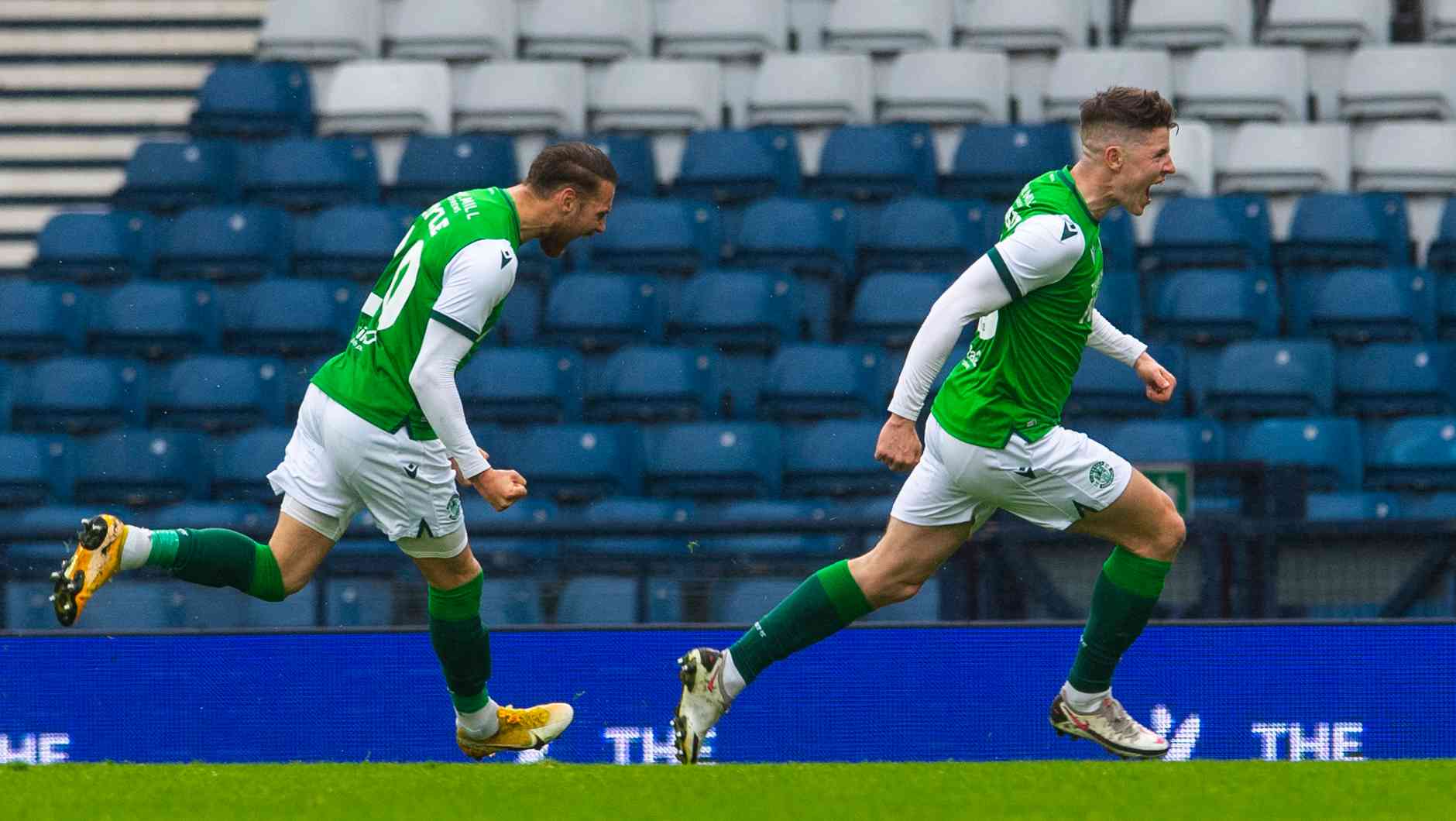 Kevin Nisbet celebrates after giving Hibs the lead against Dundee United in the last four.