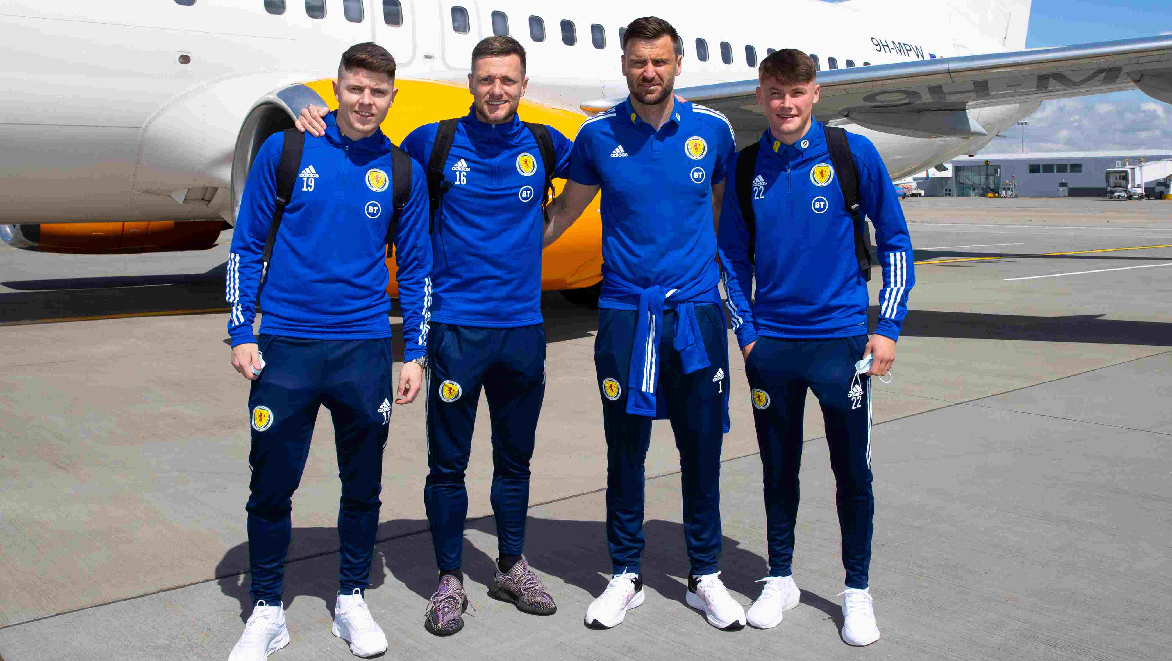 GLASGOW, SCOTLAND - MAY 27: (L-R) Scotland's Kevin Nisbet, Liam Cooper, David Marshall and Nathan Patterson are pictured as Scotland depart for Spain for a training camp ahead of EURO 2020 from Glasgow Airport, on May 27, 2021, in Glasgow, Scotland. (Photo by Alan Harvey / SNS Group)