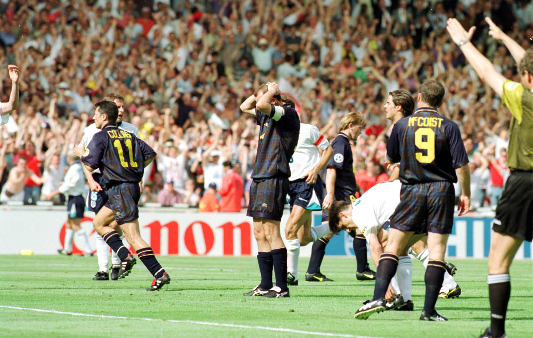 Scotland captain Gary McAllister hangs his head after seeing his penalty saved by David Seaman.