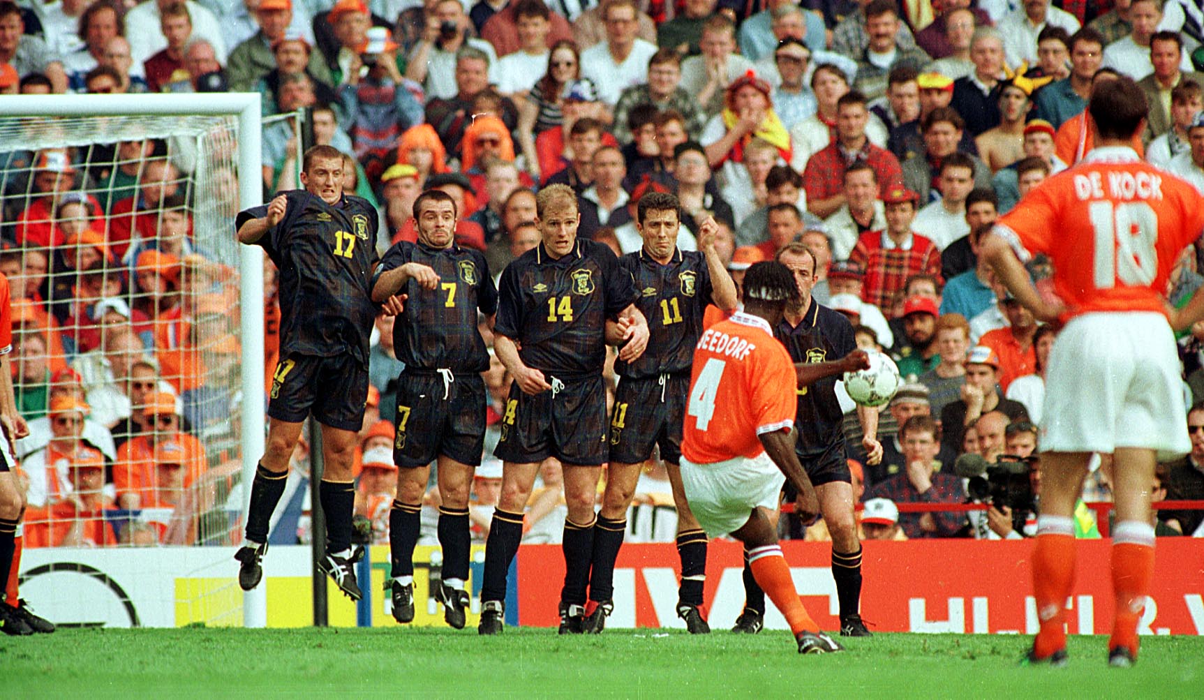 Clarence Seedorf fails to beat Andy Goram from a free-kick.