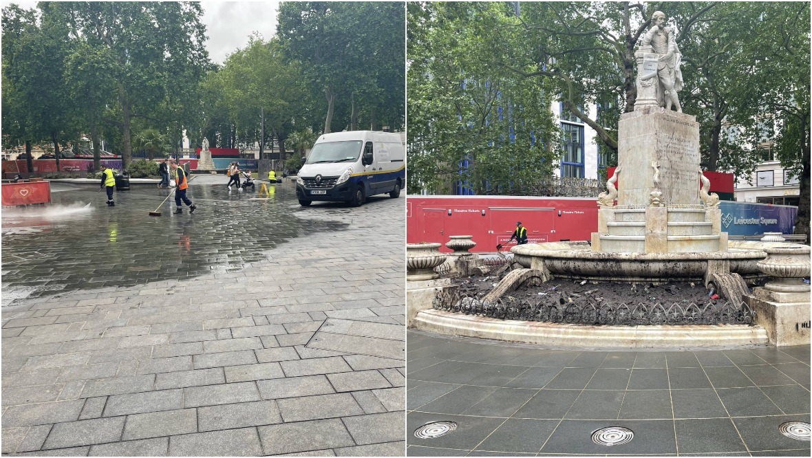 Clean-up under way at Leicester Square.
