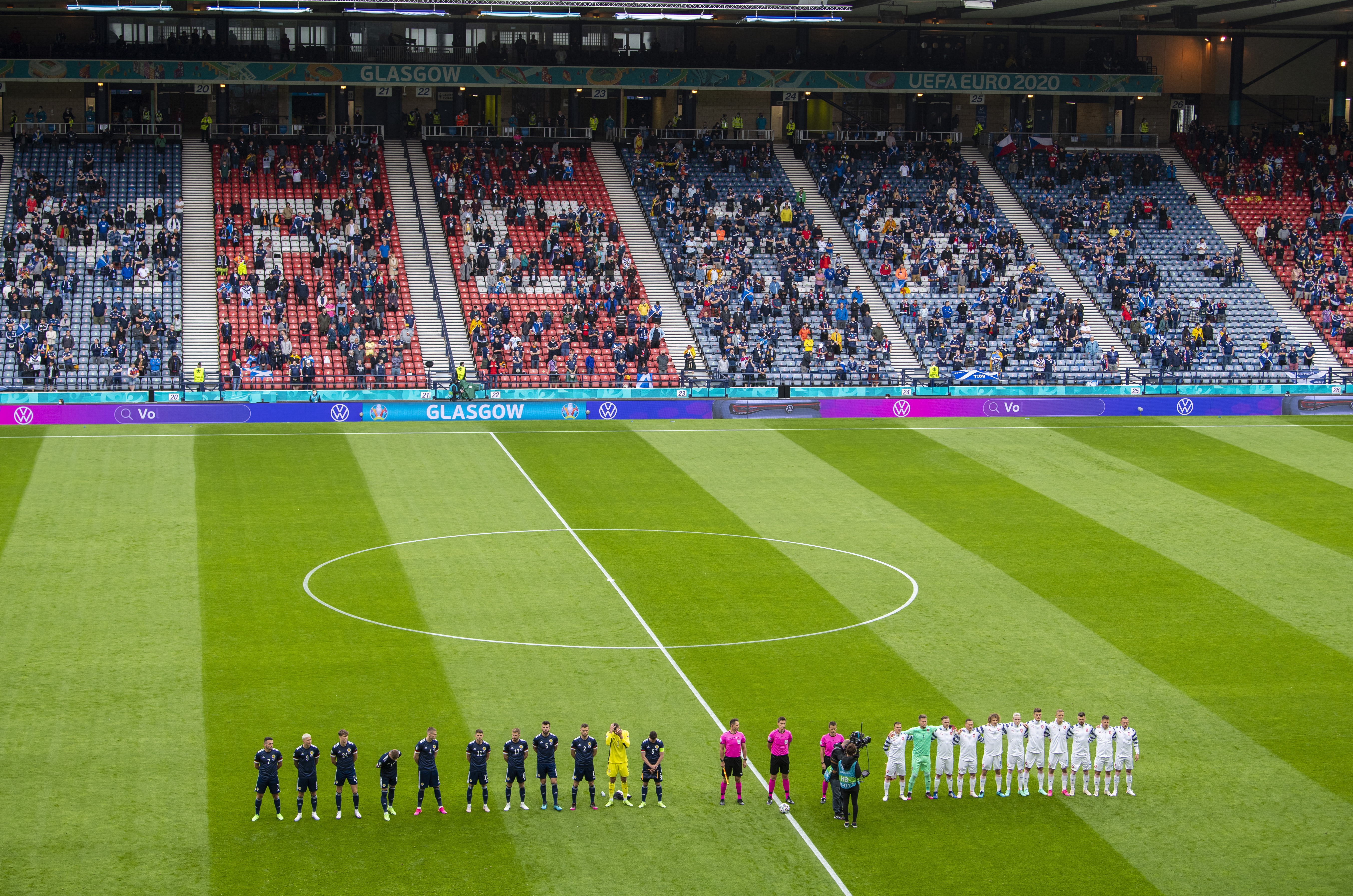 GLASGOW, SCOTLAND - JUNE 14: Both teams line up during a Euro 2020 match between Scotland and Czech Republic at Hampden Park on June 14, 2021, in Glasgow, Scotland. (Photo by Ross Parker / SNS Group)