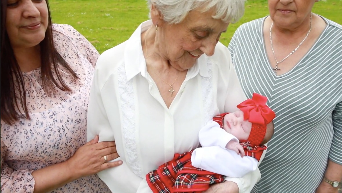 Great-great-great-grandma Mary Marshall welcomes baby Nyla Ferguson to the family
