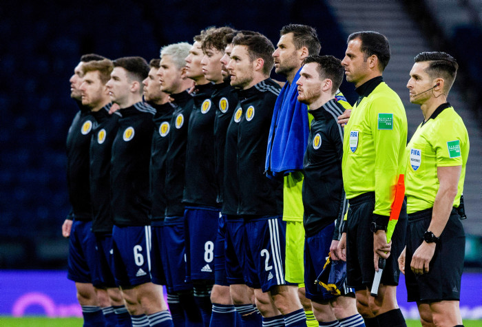 The Scotland team sing the national anthem before a World Cup qualifier against Austria at Hampden on March 25.