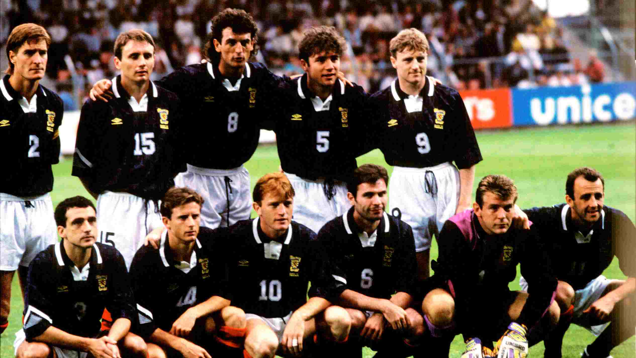 Scotland's team against CIS. Back row (l to r): Richard Gough, Tom Boyd, Dave McPherson, Ally McCoist, Stuart McKimmie. Front row (l to r): Paul McStay, Kevin Gallacher, Stuart McCall, Brian McClair, Andy Goram, Gary McAllister