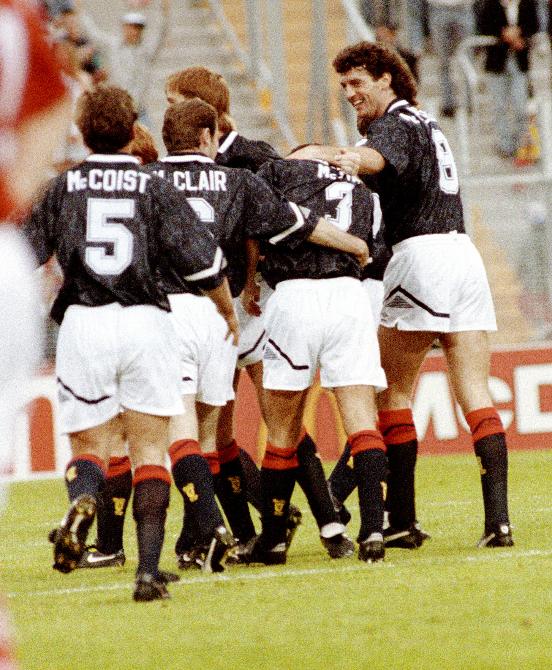 Paul McStay (2nd right) celebrates his goal with teammates Ally McCoist, Brian McClair and Dave McPherson. (Photo by SNS Group)