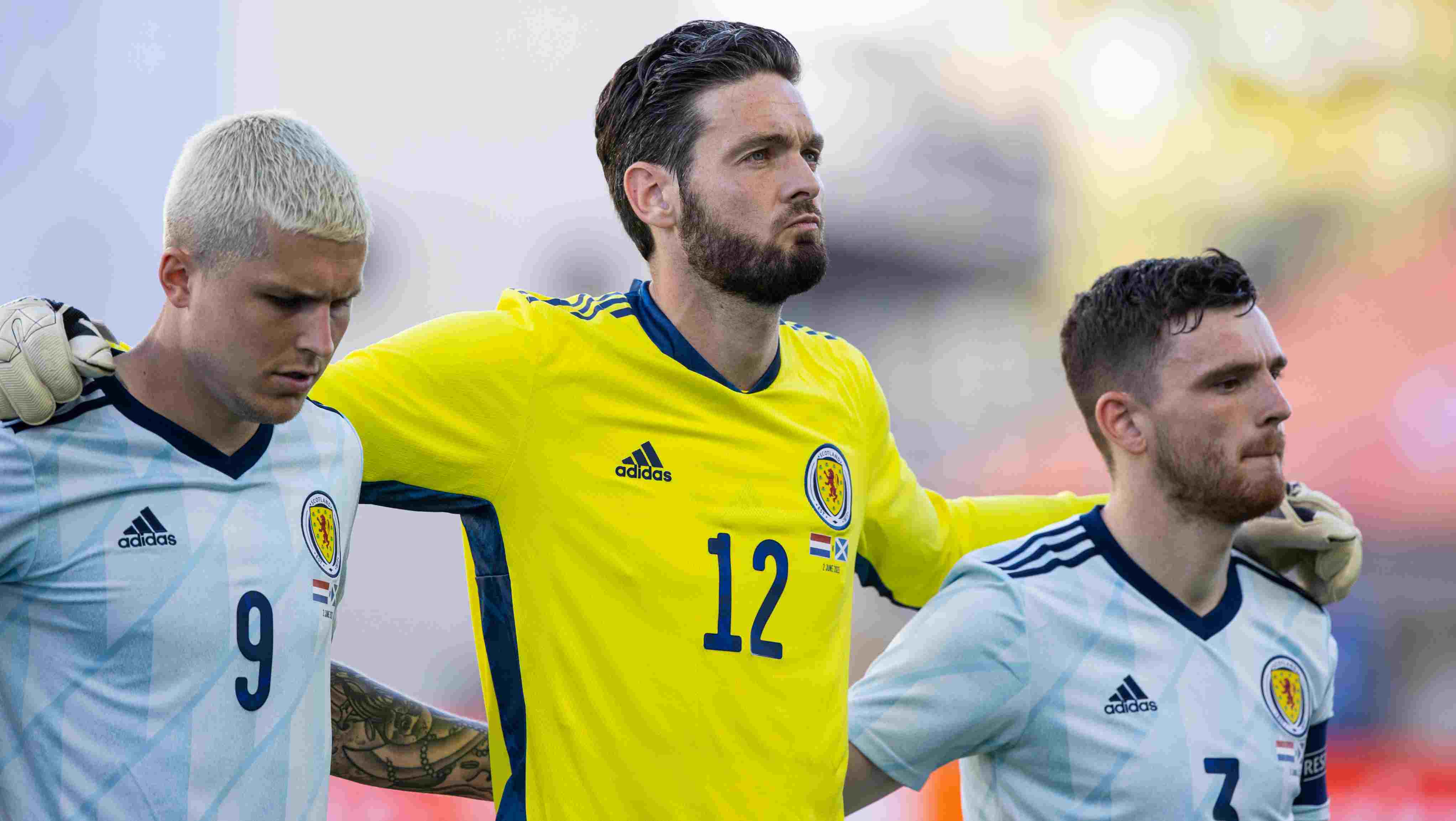 Scotland's Lyndon Dykes, Craig Gordon and Andrew Robertson during a friendly match between Scotland and Netherlands at Estadio Algarve. (Photo by Craig Williamson / SNS Group)