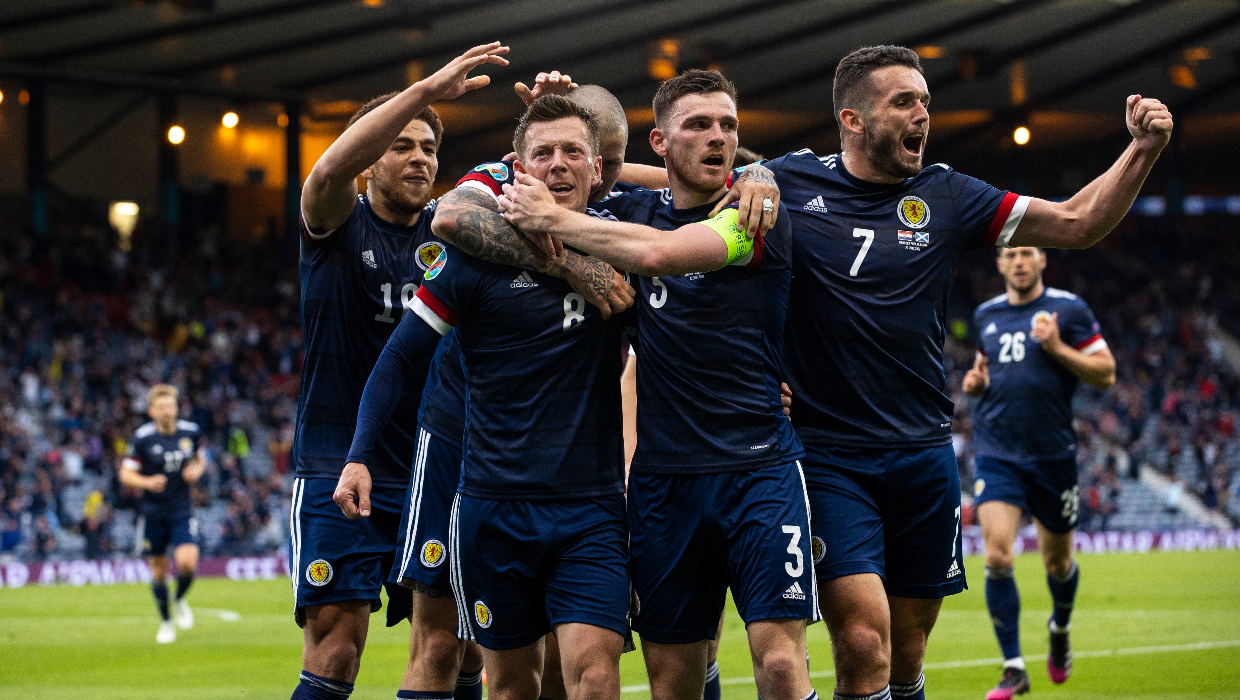 GLASGOW, SCOTLAND - JUNE 22: Callum McGregor celebrates after scoring to make it 1-0 Scotland during a Euro 2020 match between Croatia and Scotland at Hampden Park, on June 22, 2021, in Glasgow, Scotland. (Photo by Alan Harvey / SNS Group)