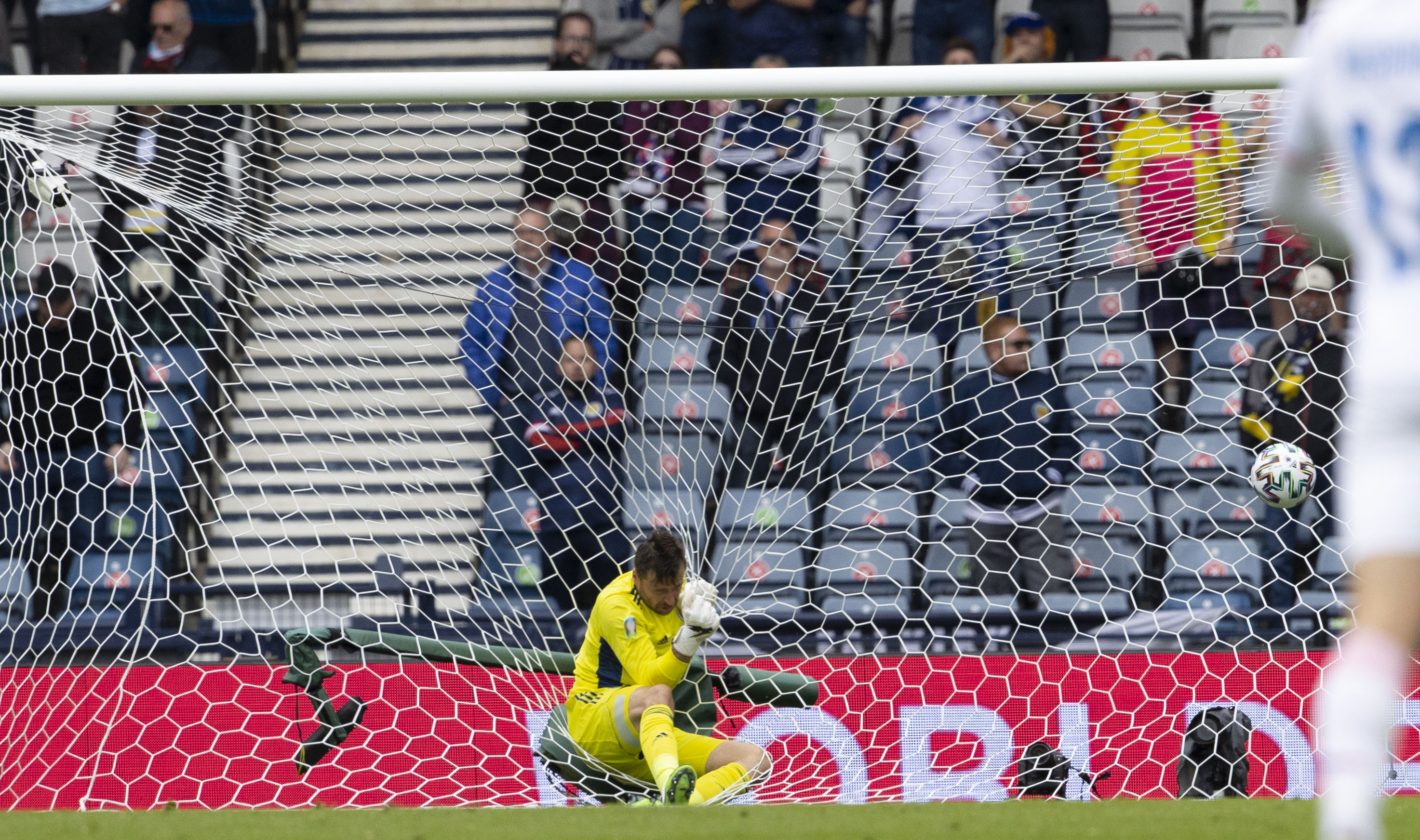 David Marshall is left helpless as Patrik Schik's strike flies over his head and into the net.