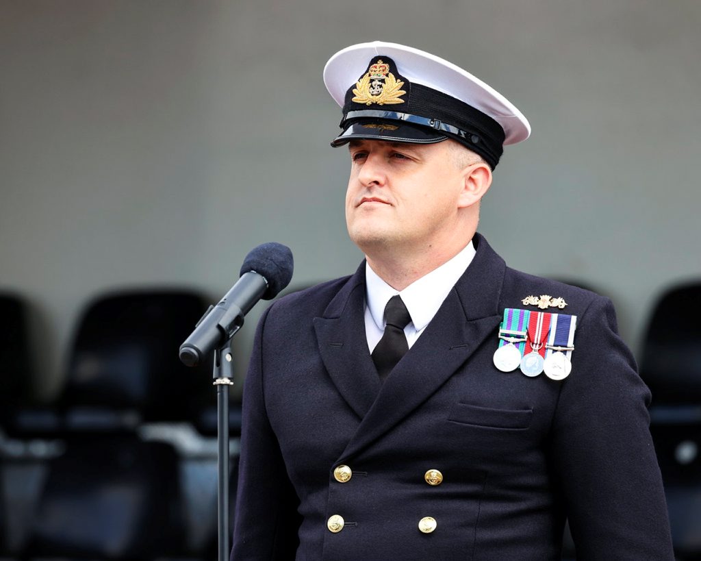 HMS Spey Commanding Officer Lieutenant Commander Ben Evans during his speech (Royal Navy/PA)