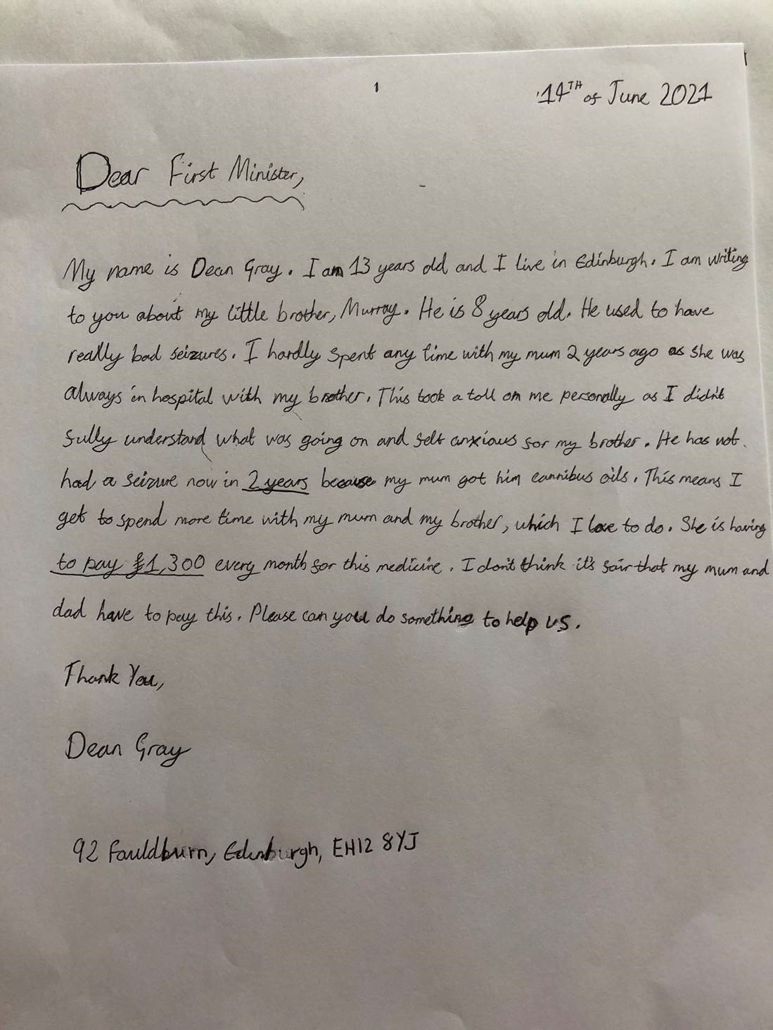 The letter sent by Dean Gray to First Minister Nicola Sturgeon (Dean Gray/End Our Pain Campaign)