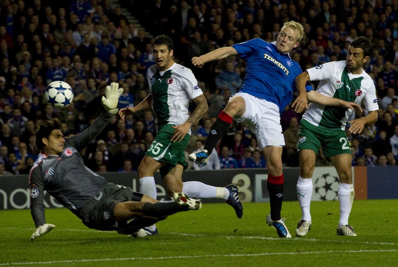 Steven Naismith pokes home the only goal against the Turkish side at Ibrox.