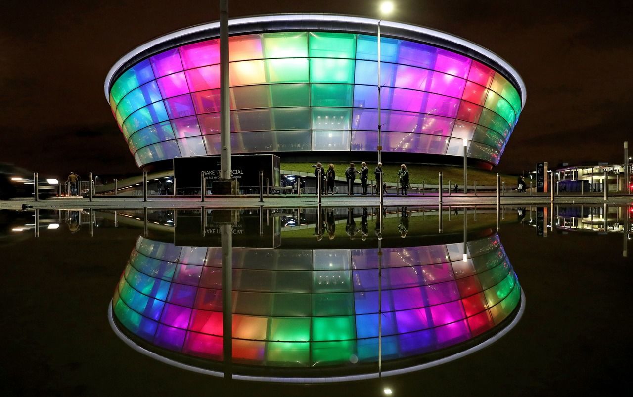 SSE Hydro lit up at night.