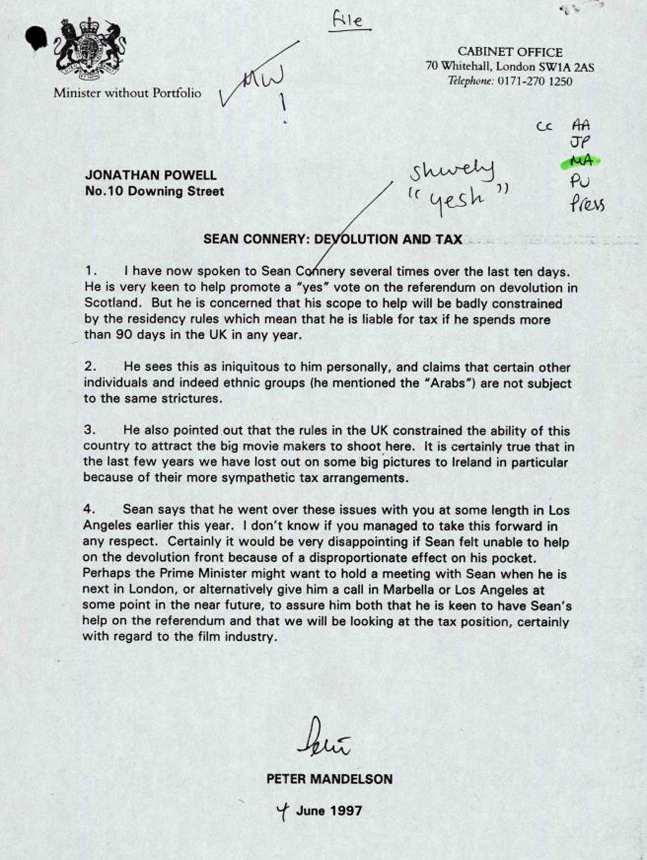Embargoed to 0001 Tuesday July 20 Handout image issued by the National Archives dated July 1997 of a memo from Peter Mandelson to Jonathan Powell, Mr Blair's chief of staff at Number 10, concerning Sean Connery's commitment to Scottish devolution. Issue date: Tuesday July 20, 2021.