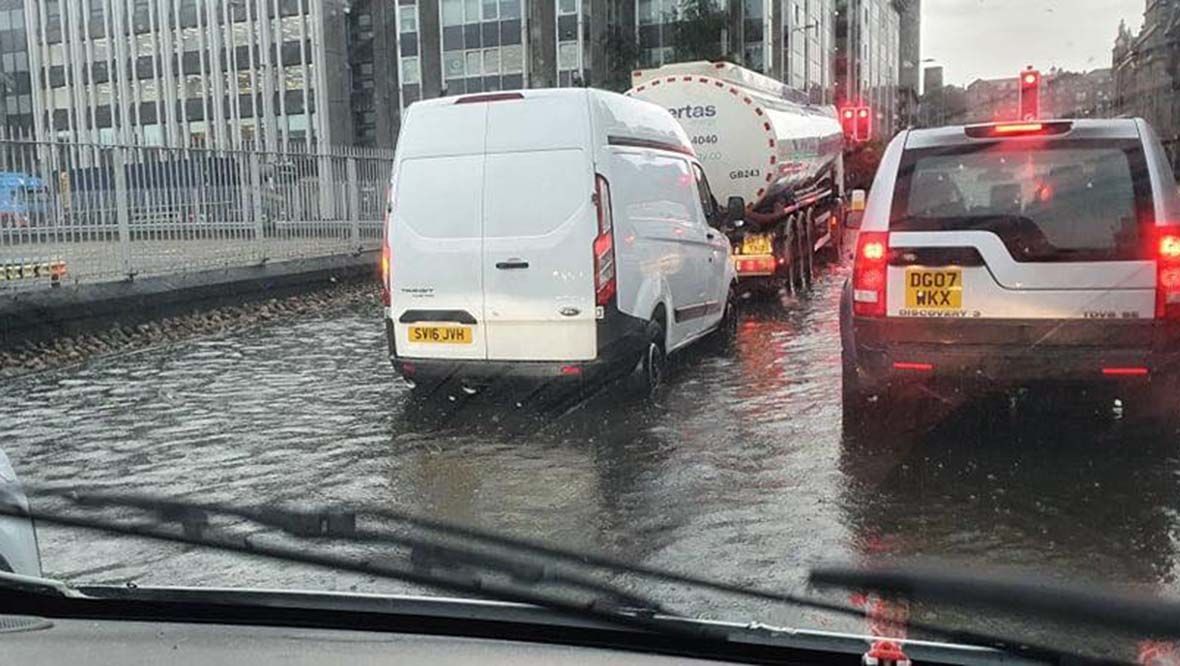 Flooding in Aberdeen at Market Street and Trinity Quay Junction.