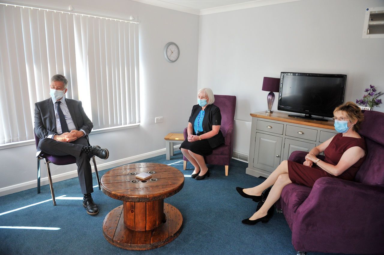 Justice secretary Keith Brown, Cathie Cowan, chief executive NHS Forth Valley and Professor Marion Bain, deputy chief medical officer for Scotland, during the Justice Secretary's visit to the Meadows NHS Forth Valley in Larbert.