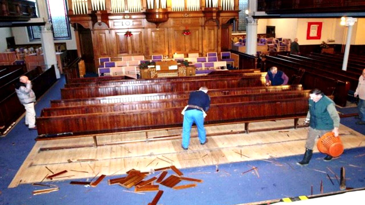 The original pews were removed to create more space.