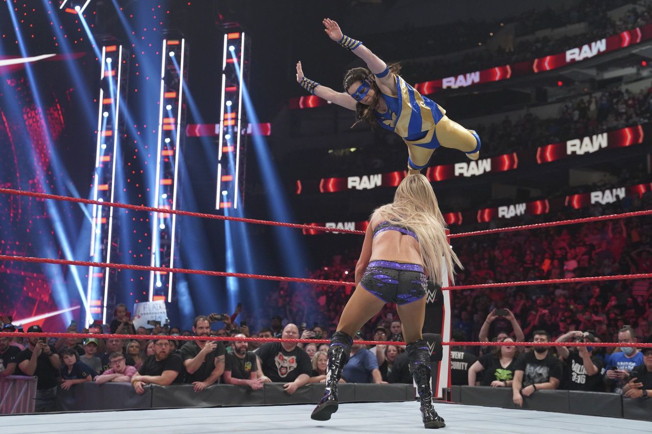 Nikki A.S.H beat Charlotte Flair with an acrobatic move from the top ropes. (Courtesy of WWE)