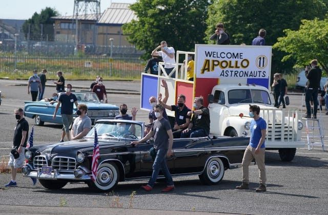 Rehearsals being held on Tuesday in a Govan car park for a parade scene.