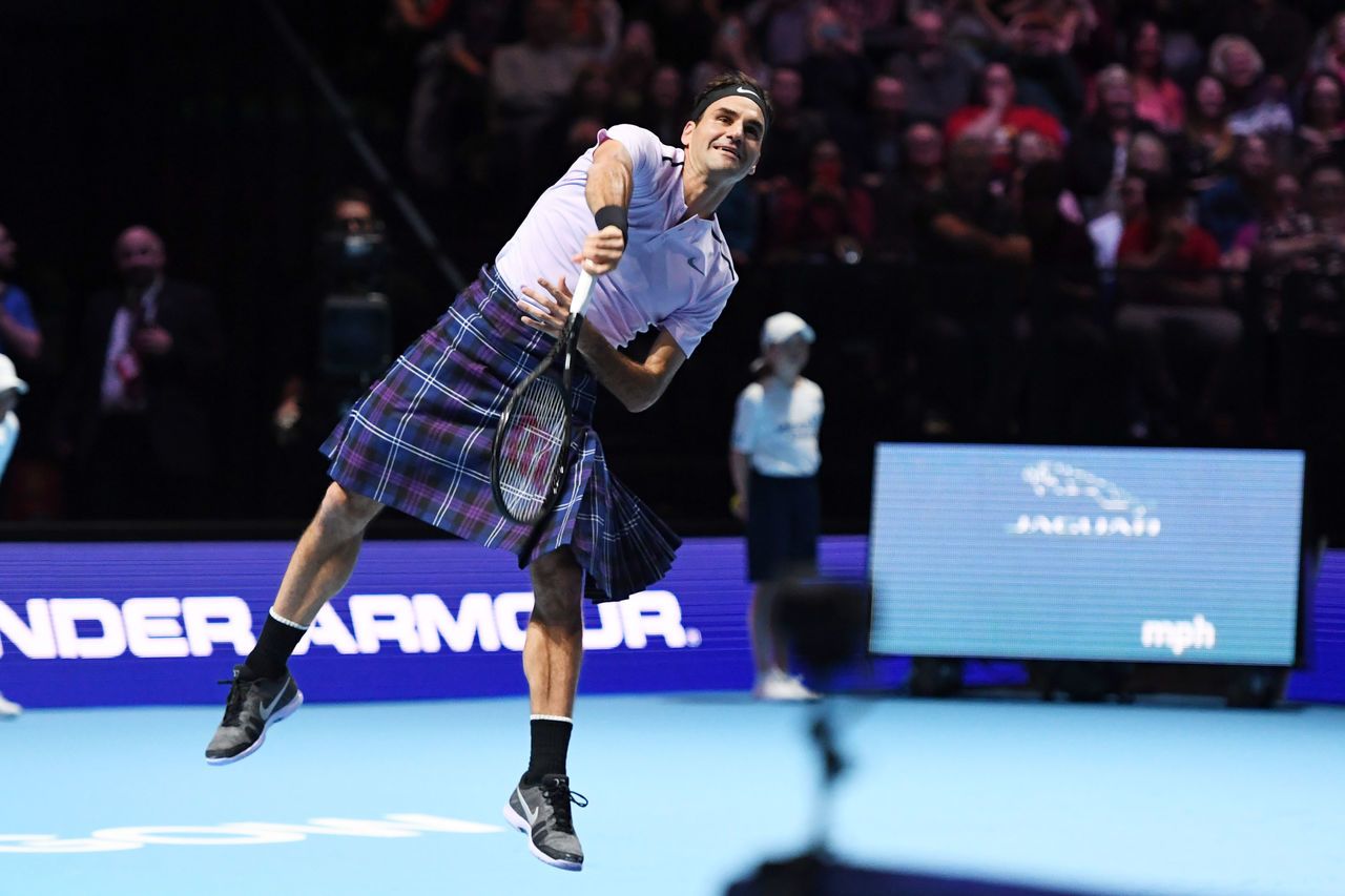 Federer served while wearing a kilt, much to the delight of the Scottish audience.