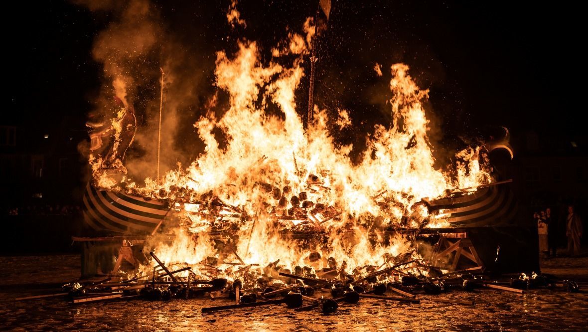 2019 Up Helly Aa Burning Galley stock photo