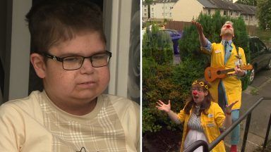 Clown doctors surprise boy on doorstep for first time since Covid