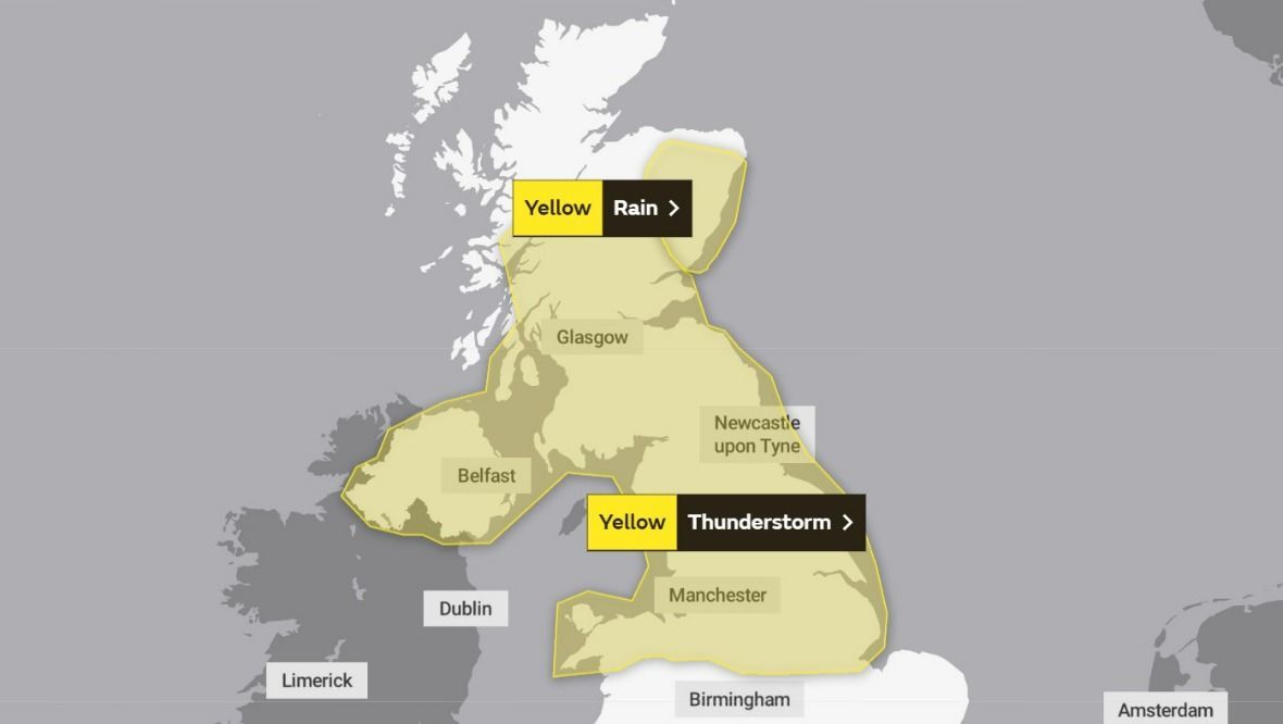 Friday: Weather warnings for thunderstorms and rain.