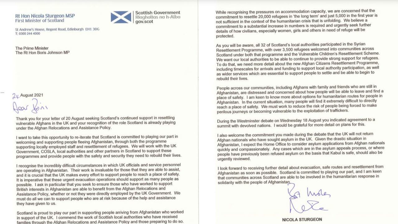  The letter was sent by First Minister Nicola Sturgeon to Prime Minister Boris Johnson. (ScotGov) 