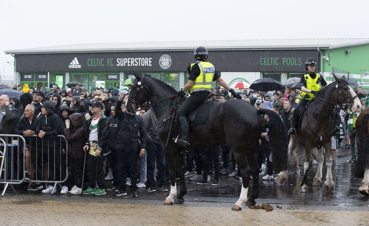 Police horses outside the ground before a cinch Premiership match between Celtic and Dundee at Celtic Park.