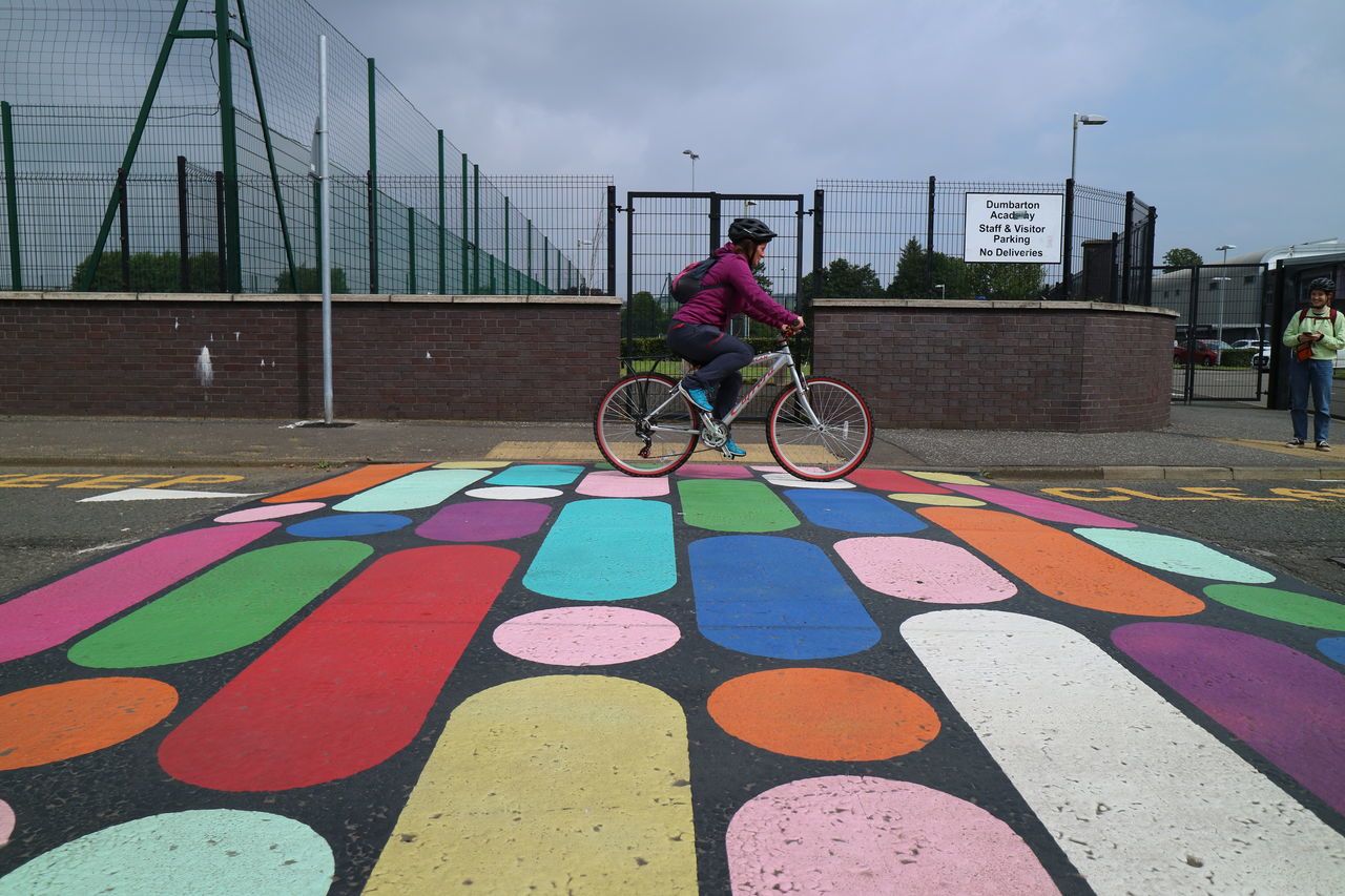 Colourful crossing outside Dumbarton Academy.