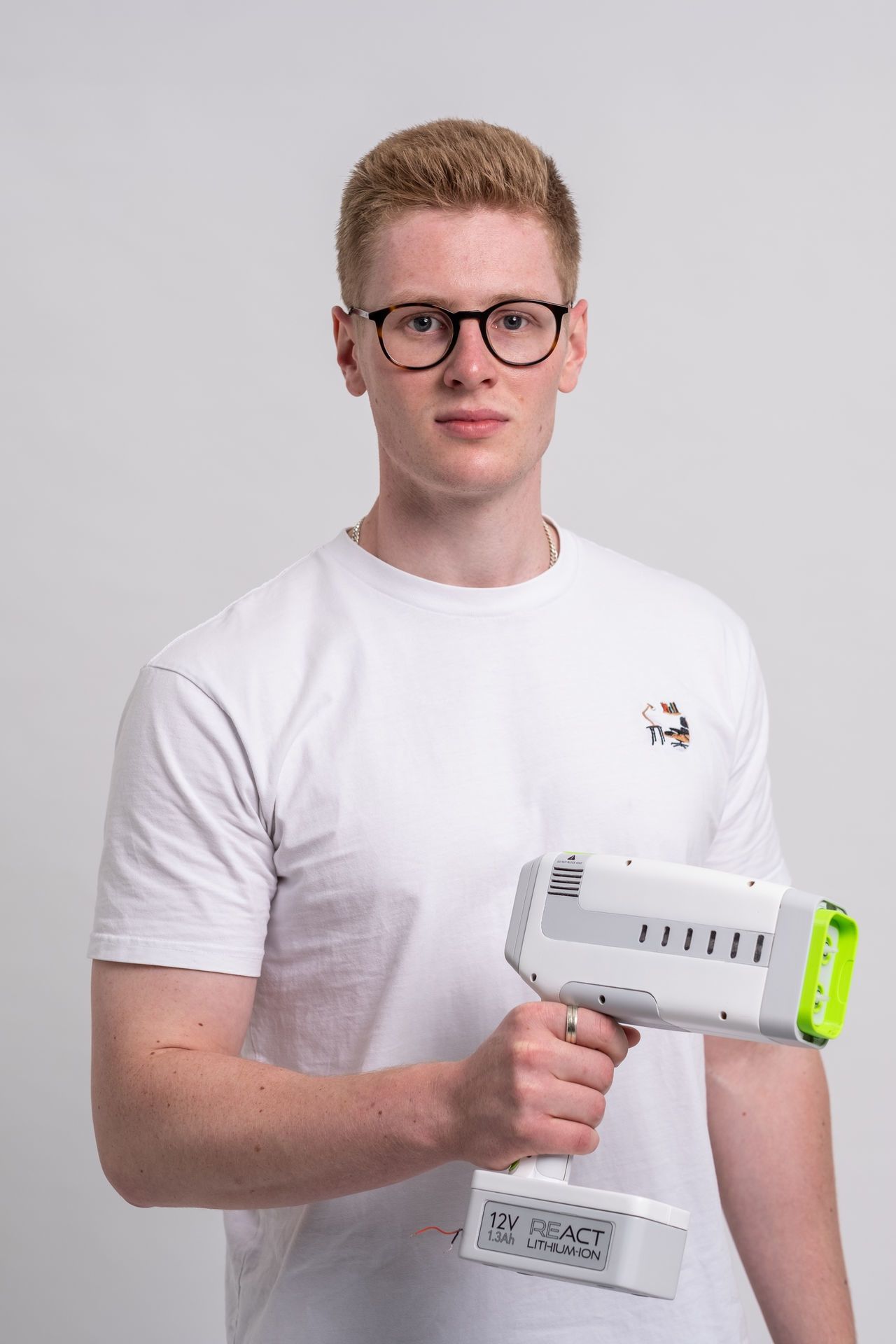 Joseph Bentley with his React device - Rapid Emergency Actuating Tamponade - which helps stem bleeding from knife wounds. 22-year-old.