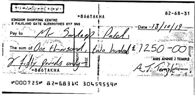 Sandeep Patel's bid to steal money using this cheque was blocked by suspicious bank staff.