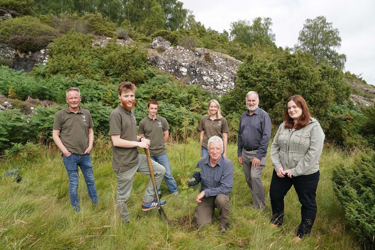 Dundreggan Breaking Ground Event (L-R): Trees For Life CEO Steven Micklewright, Trees for Life trainees Angus Crawley and Grymmsy Robinson (beard) planting the Rowan tree, Kat Murphy (Rewilding Centre education manager), Doug Gilbert (Dundreggan operations manager), Roddy Maclean, Laurelin Cummins-Fraser (director of the Dundreggan Rewilding Centre).