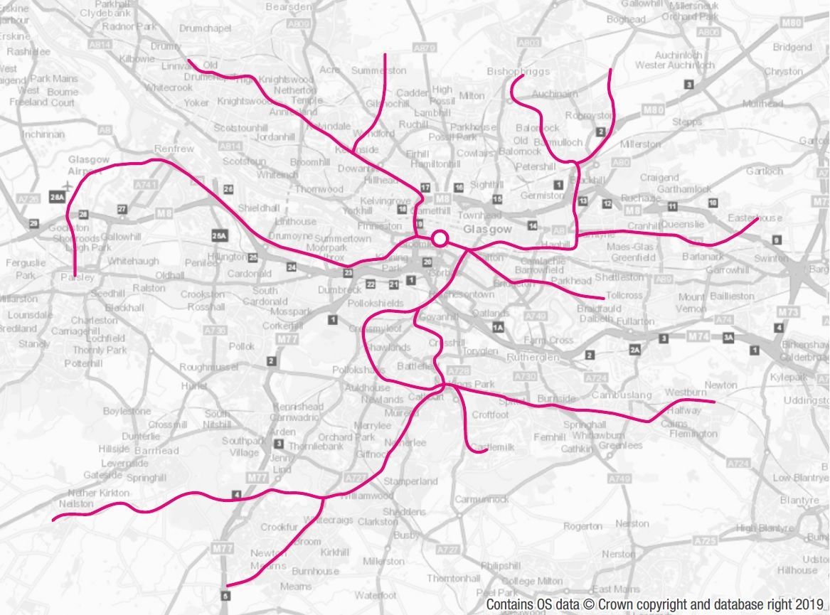 A map of the proposed Glasgow Metro.