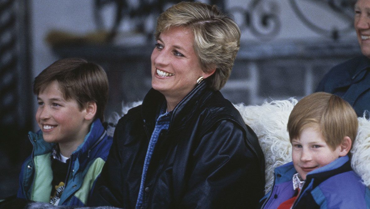 Princess Diana with her sons Prince William (left) and Prince Harry (right) on a skiing holiday in Lech, Austria.